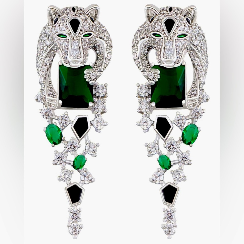 Gorgeous Dillards Emerald onyx Crystal Huge Panther dangle earrings
